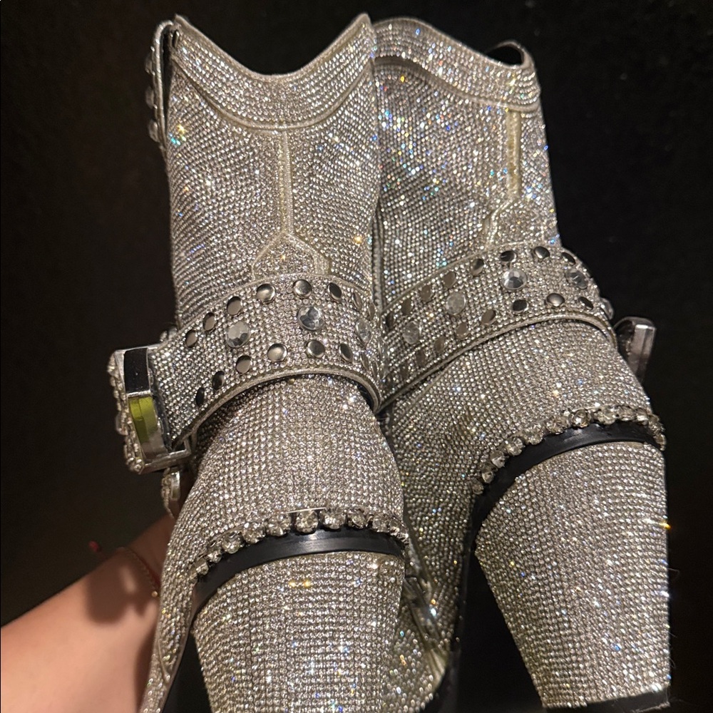 DOLLS KILL Shine Cowboy Boots Silver Cowgirl Sparkle Sequin Rhinestone - Picture 6 of 7